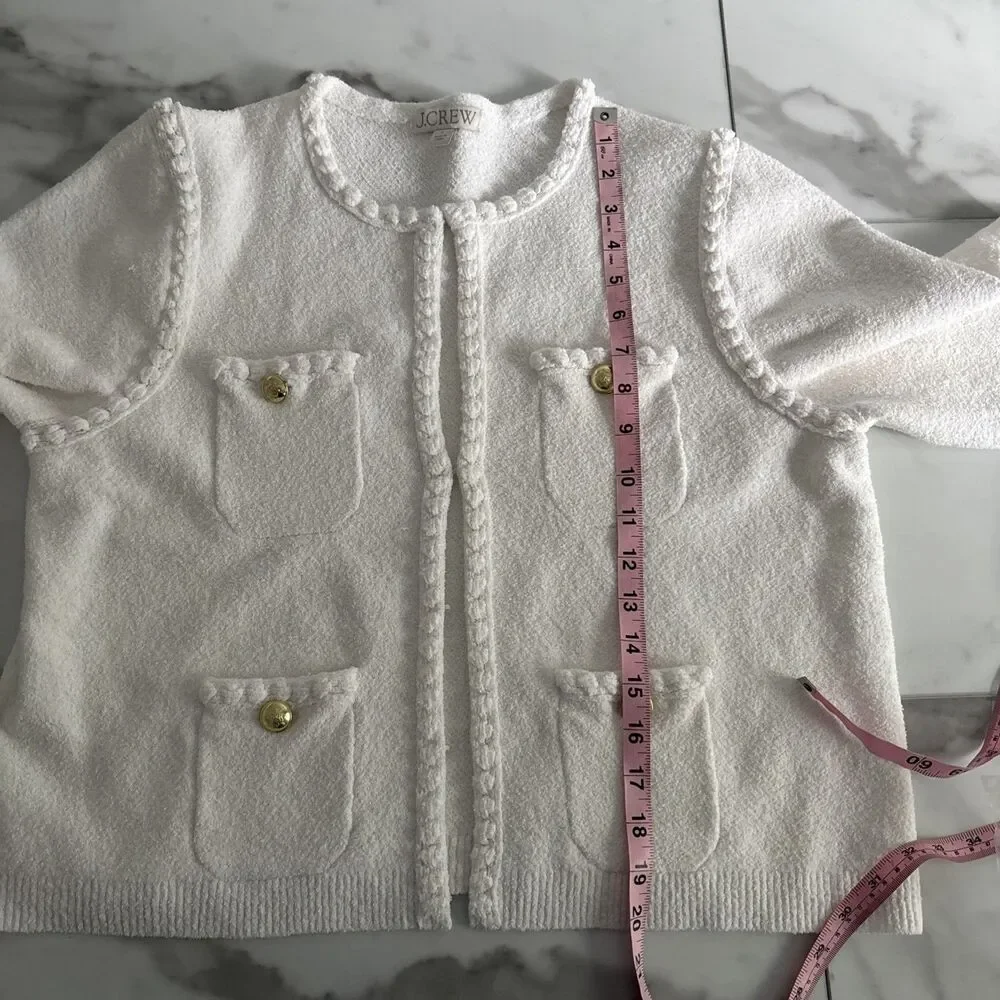 J.Crew Womens White Boucle Lady Jacket Cardigan Large Gold Crest Buttons Pocket